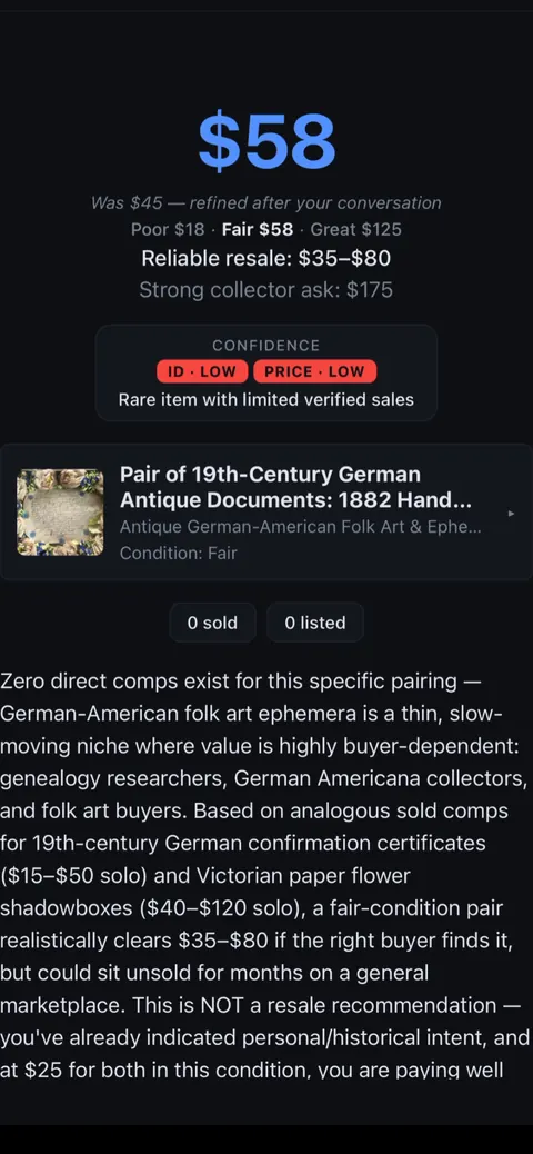 What's It Worth result of 58 dollars for the pair, with reliable resale of 35 to 80 dollars, and low confidence on both identification and price
