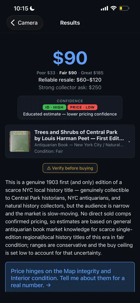 What's It Worth results screen for Trees and Shrubs of Central Park showing a $90 estimate and reliable resale range of $60 to $120