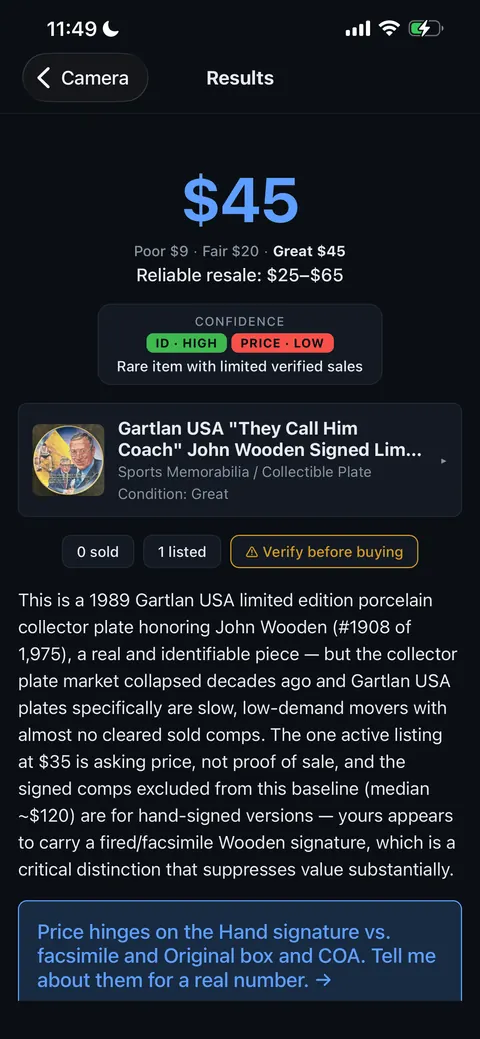 What's It Worth results page valuing the John Wooden Gartlan collector plate at 45 dollars with reliable resale of 25 to 65 dollars