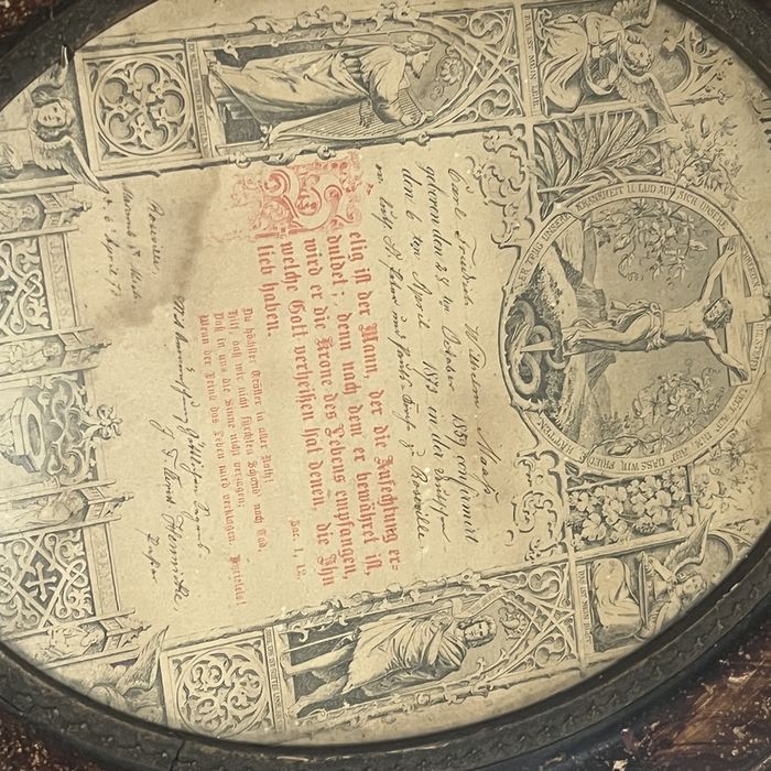 Oval-framed German Lutheran confirmation certificate filled in by hand