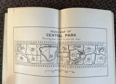 Index map in Peet's Trees and Shrubs of Central Park showing sectional map areas across the park