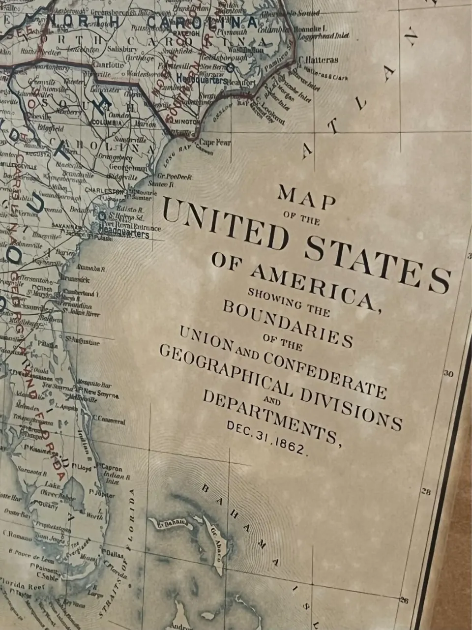 Framed 1862 map showing Union and Confederate divisions