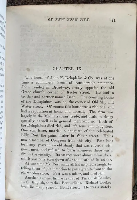 Page 71 of the book, the opening of Chapter IX, describing the house of John F. Delaplaine and Company, with two sentences ending in the phrase died rich