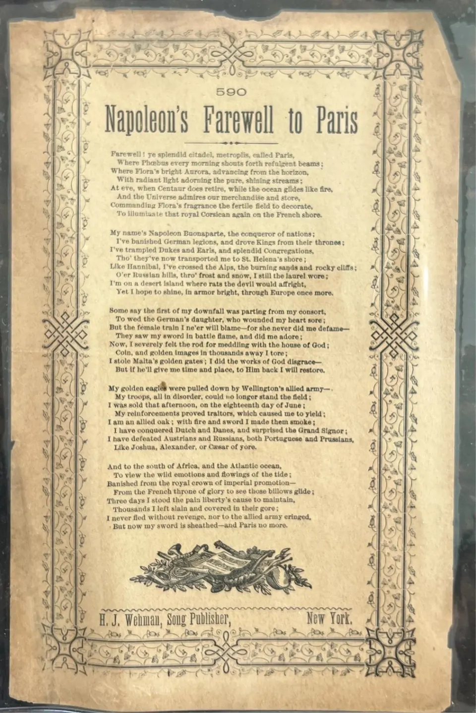 Antique printed broadside, Napoleon's Farewell to Paris, published by H.J. Wehman, New York